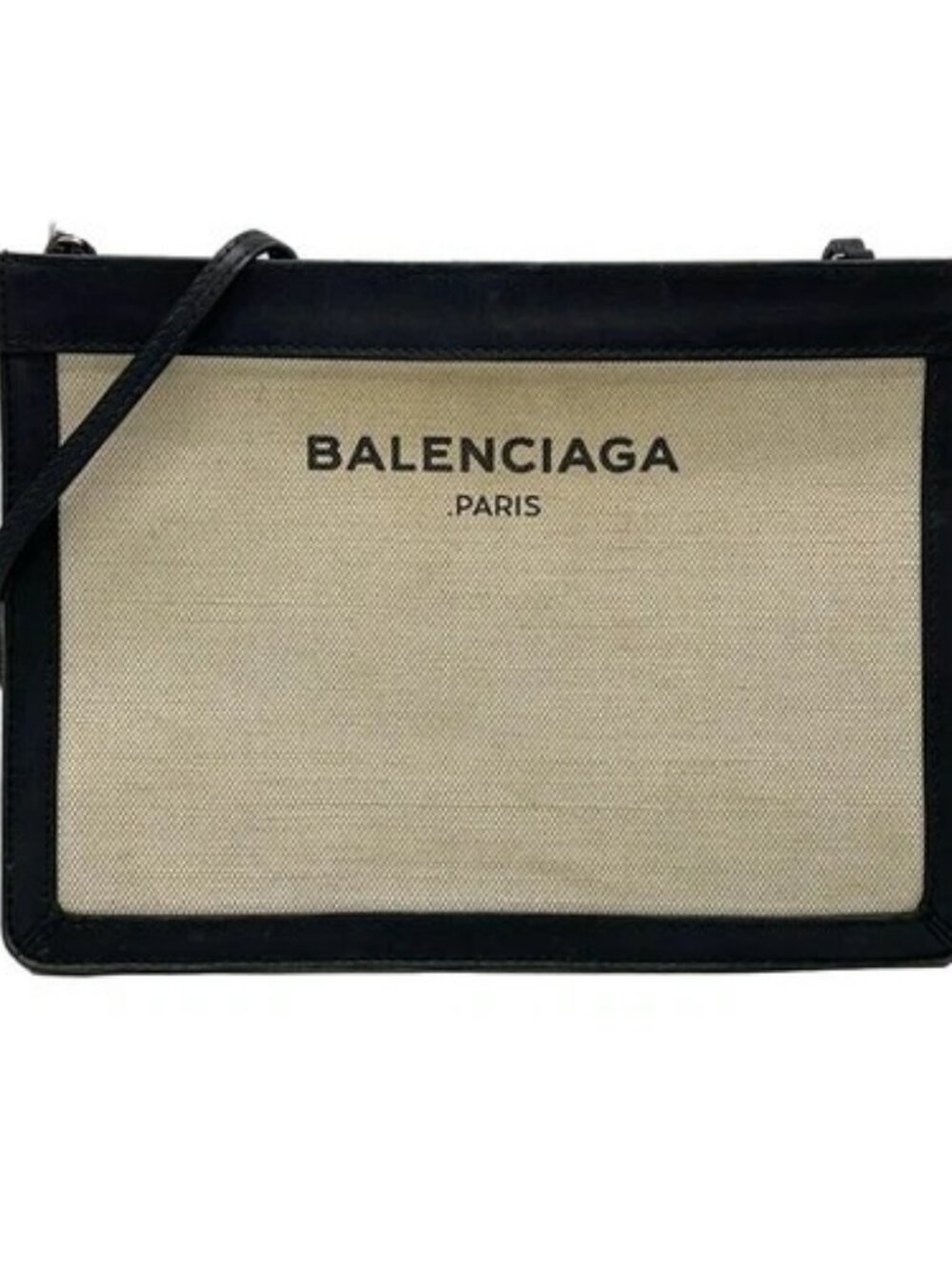 BALENCIAGA Navy Pochette 339937 Cream Black Canvas Leather Shoulder Bag